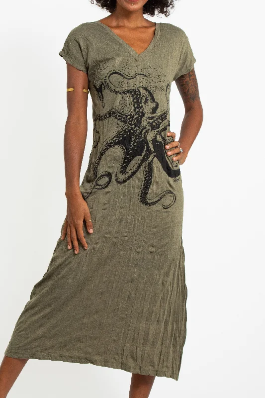 Womens Octopus V Neck Long Dress in Green Printed Long Skirt