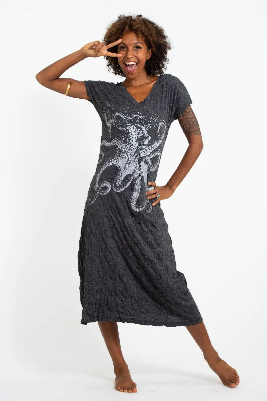 Womens Octopus V Neck Long Dress in Silver on Black Elegant Maxi Skirt