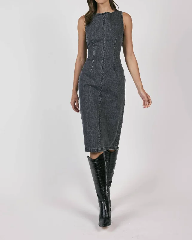 Transformative Denim Midi Dress In Black Soft A-line Skirt