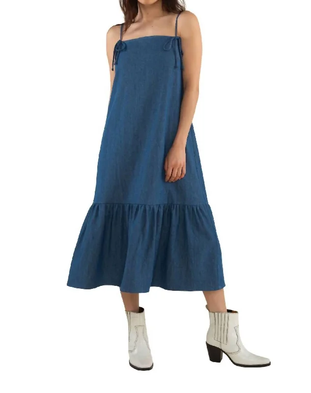 Bonnie Bow Cotton Denim Midi Dress In Medium Wash Warm Midi Skirt