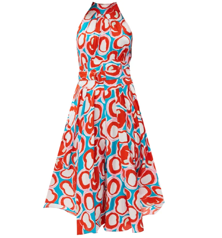 Diane Von Furstenberg Dvf Women Nicola Midi Dress Abstract Dot Lg Turquoise Pleated Satin Skirt