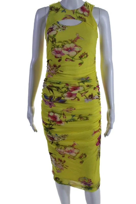 Fuzzi Womens Sleeveless Slash Front Floral Mesh Midi Dress Yellow Casual Midi Outfit