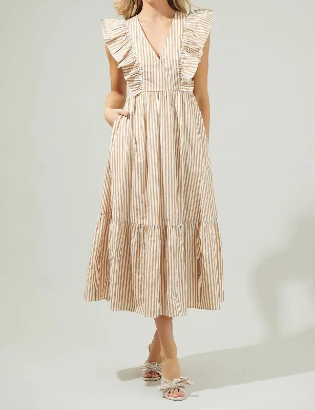 Luna Striped Fairness Poplin Surplice Midi Dress In Taupe Multi Lace Trim Midi