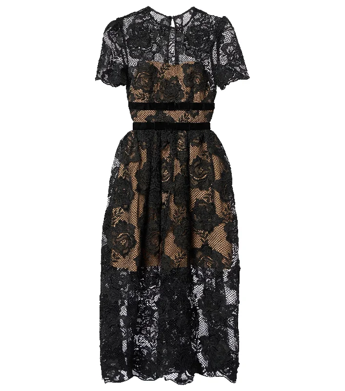 Self-Portrait Women's Lace Velvet Bow Midi Dress, Black Cotton Midi Skirt