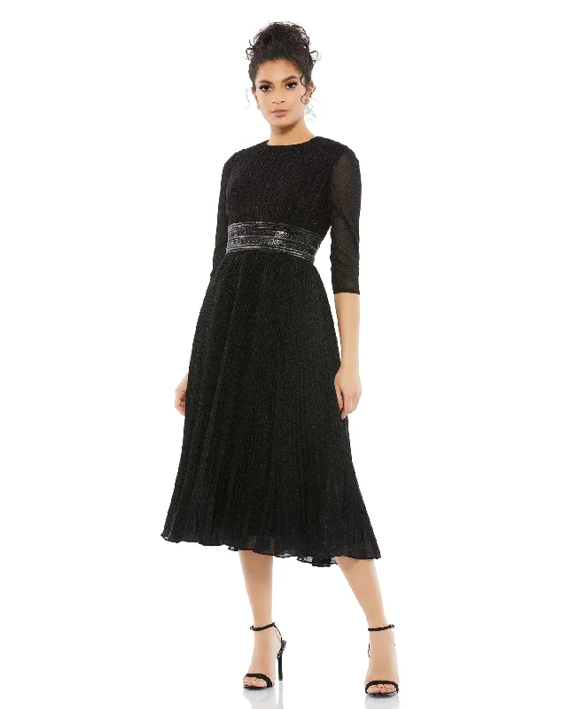 Shimmering 3/4 Sleeve A-Line Midi Dress Elegant Satin Skirt