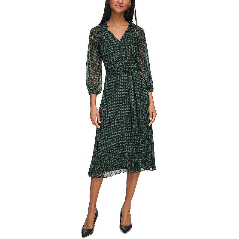 Womens Chiffon Houndstooth Midi Dress Soft Wool Midi